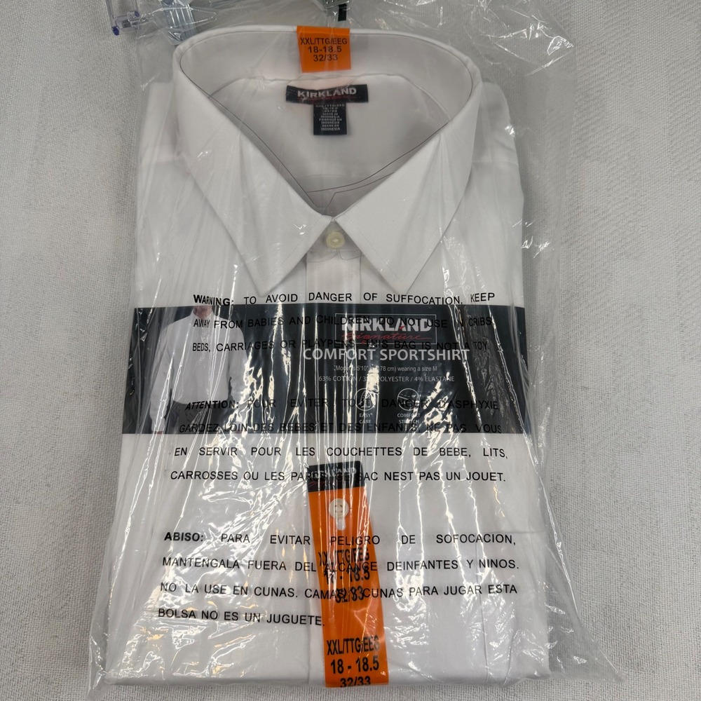 Kirkland Signature Mens White Comfort Sportshirt XXL 18-18.5 32/33 Button Down